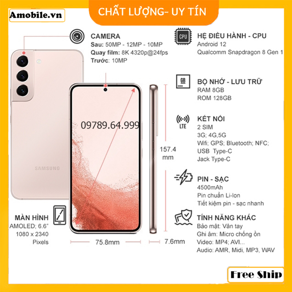 Điện Thoại Samsung S22 5G/ Galaxy S22 Plus 5G 2 sim Chip Snapdragon 8Gen1/ Ram8Gb,Room128Gb Pin 4500mAh tại Amobile.vn