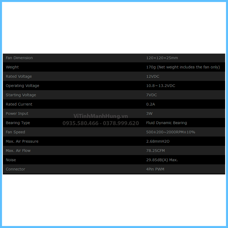 Quạt ID-Cooling AF-125, 12cm, 2000rpm, 78.2CFM, 4 pin PWM.