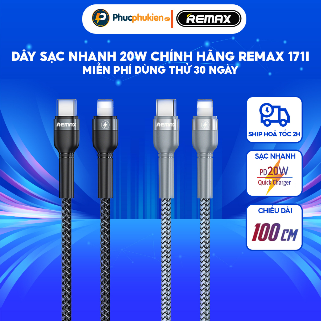 Dây sạc nhanh Type c 20w Remax 171i chuẩn PD sạc đầy 50% pin chỉ 30 phút cho 14 pro max trở xuống - Phúc Phụ Kiện Remax