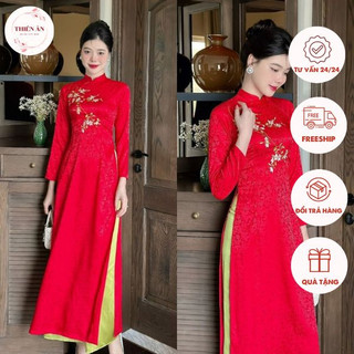 Áo dài đỏ truyền thống chất liệu gấm thêu hoa cao cấp - Áo dài Thiên Ân - AD42