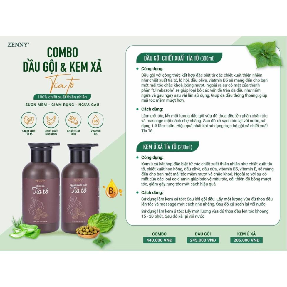 Combo Dầu Gội - Kem Xả Tóc Tía Tô ZENNY COSMETIC, Giúp Nuôi Dưỡng, Ngăn rụng tóc