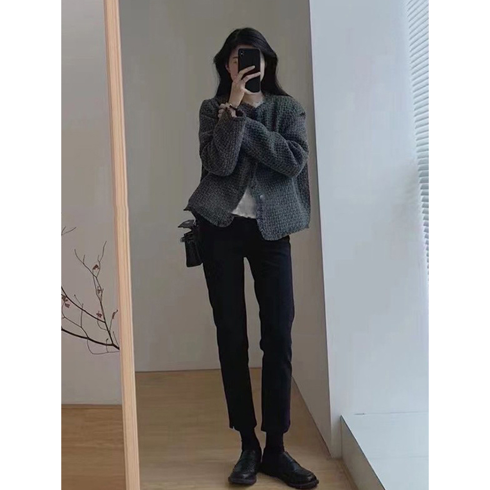 Áo khoác len nữ ngắn tua rua màu xám dài tay dáng rộng, áo len nữ cardigan khí chất sang trọng 1834