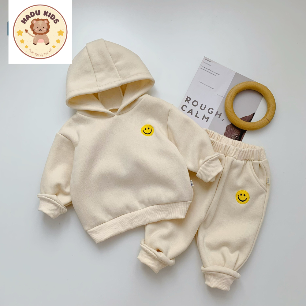 Bộ nỉ bông bé trai bé gái, bộ thu đông cho bé thêu MẶT CƯỜI có MŨ,nỉ bông XỊN không xù, đường may đẹp- HADU KIDS 11-27kg