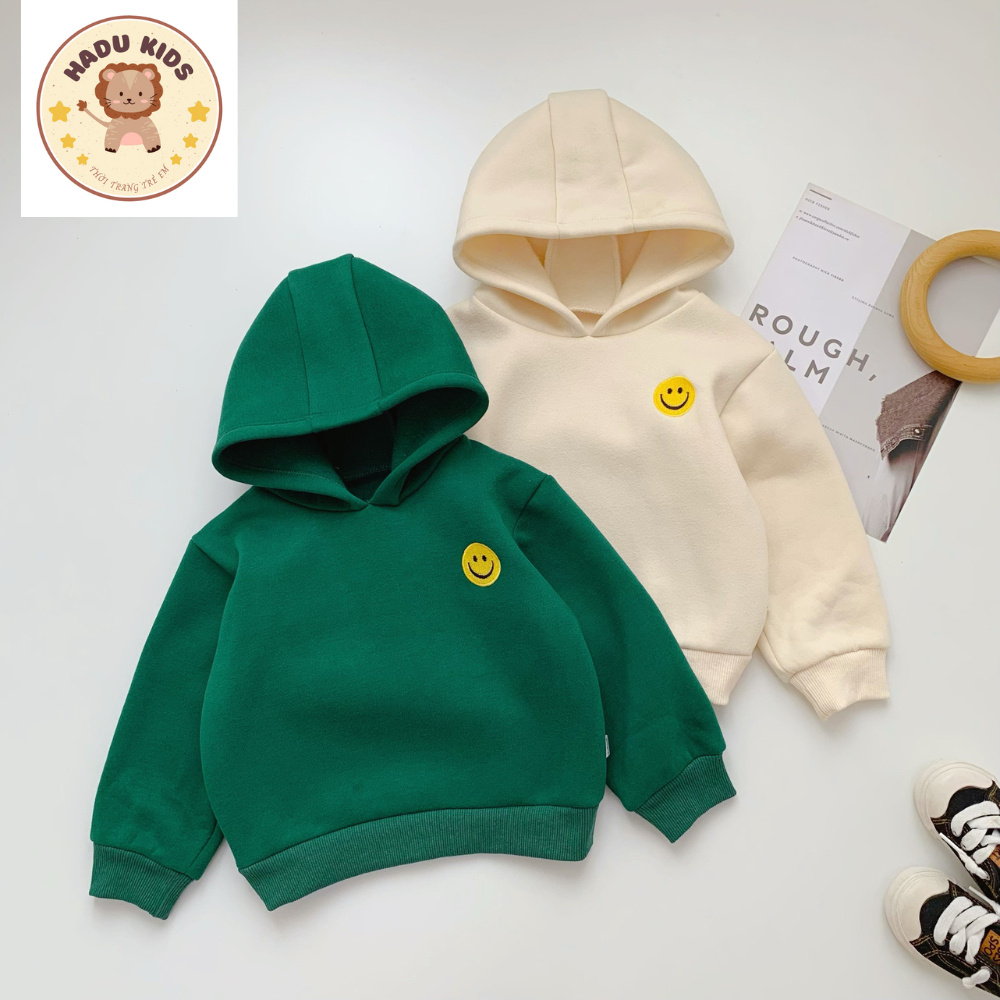 Bộ nỉ bông bé trai bé gái, bộ thu đông cho bé thêu MẶT CƯỜI có MŨ,nỉ bông XỊN không xù, đường may đẹp- HADU KIDS 11-27kg