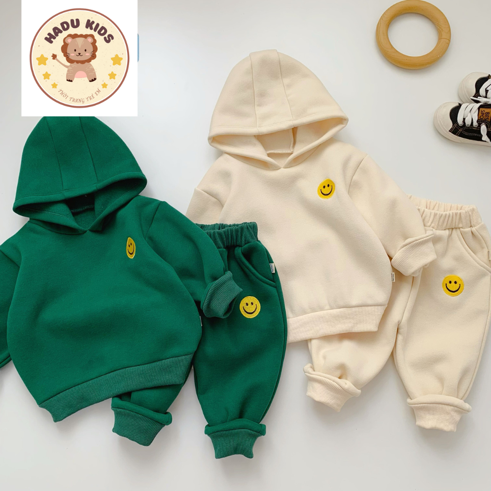 Bộ nỉ bông bé trai bé gái, bộ thu đông cho bé thêu MẶT CƯỜI có MŨ,nỉ bông XỊN không xù, đường may đẹp- HADU KIDS 11-27kg