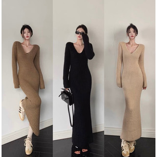 ĐẦM LEN CỔ V DÀI TAY DÁNG DÀI TÔN DÁNG ULZZANG