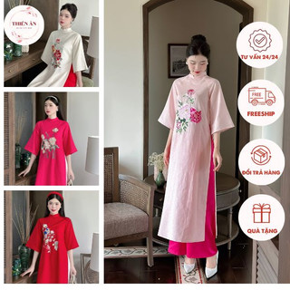 Áo dài cách tân nữ nhiều màu cổ tàu tay lỡ, chất liệu Linen thêu hoa nổi cao cấp - Áo dài Thiên Ân - AD60.1
