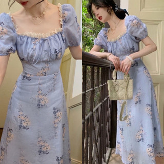 Đầm Hoa Tay Phồng Dáng Chữ A Phối Ren Thời Trang Nữ D36