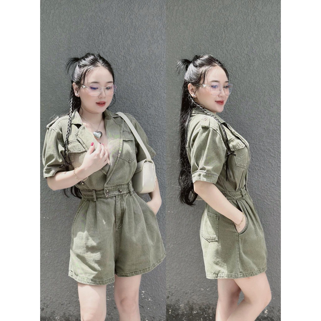 JUMPSUIT XANH RÊU TÂY CỔ SƠ MI XẺ V SHORT ĐÙI | BigBuy360 - bigbuy360.vn