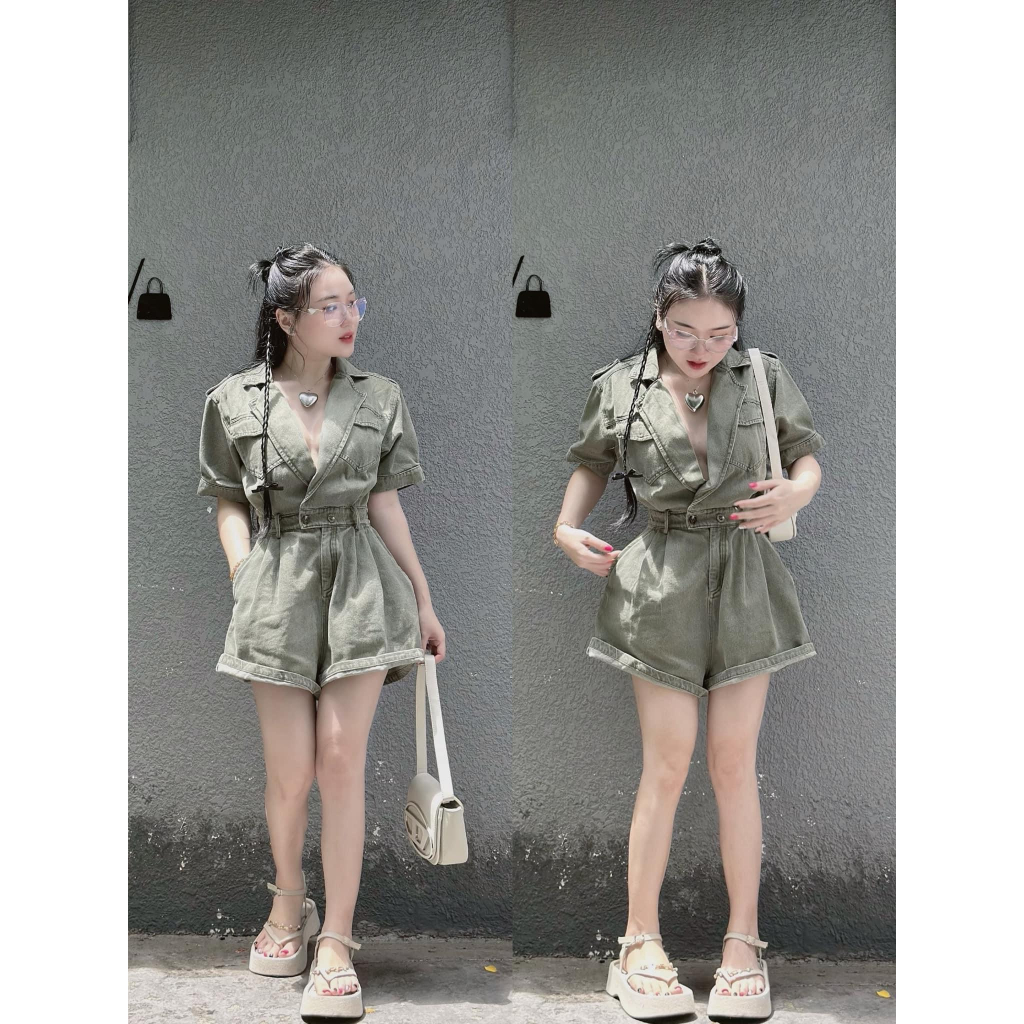 JUMPSUIT XANH RÊU TÂY CỔ SƠ MI XẺ V SHORT ĐÙI | BigBuy360 - bigbuy360.vn