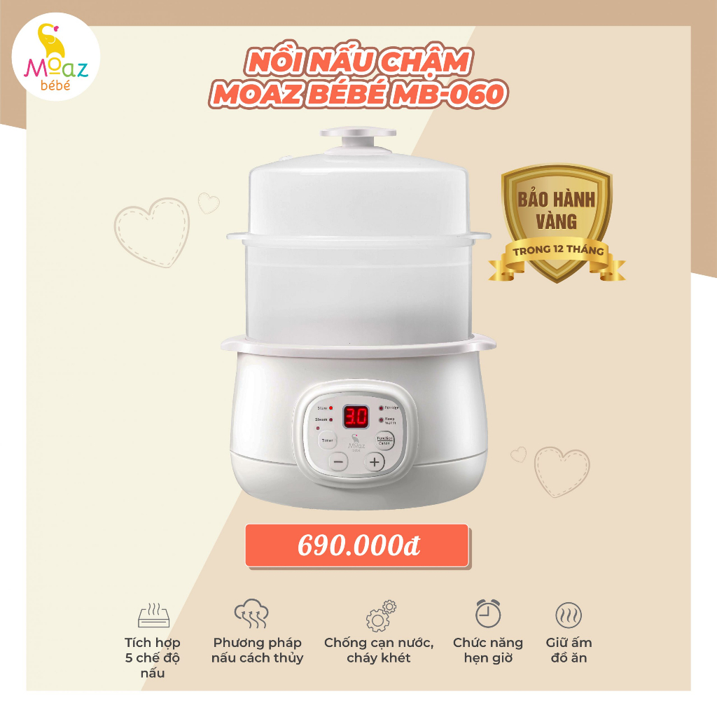 Nồi nấu chậm Moaz BéBé MB-060, Dung tích 1 lít, nấu cháo cho bé, chưng yến, hầm chè - Chính hãng