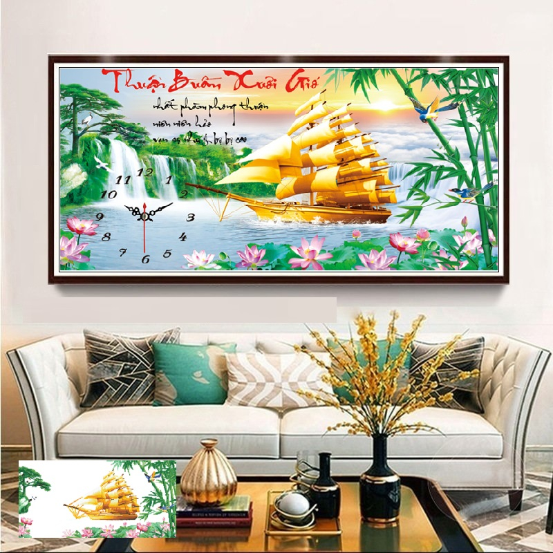 Tranh đính đá Đồng Hồ Thuận Buồm Xuôi Gió - Kích thước 90 x 47cm