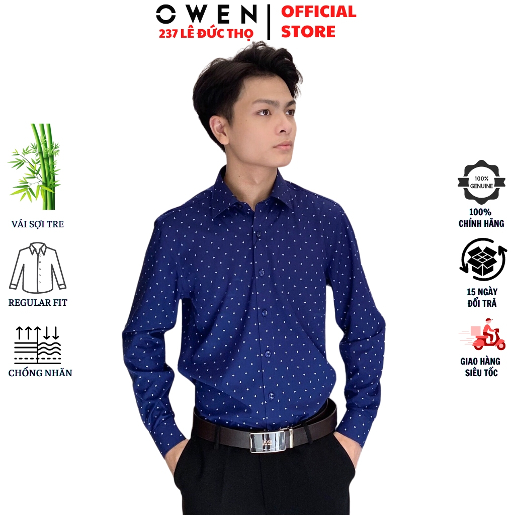 Áo sơ mi nam OWEN AR230291DT somi dài tay công sở navy in chấm xanh form regular fit tà lượn có túi chất sợi tre cao cấp