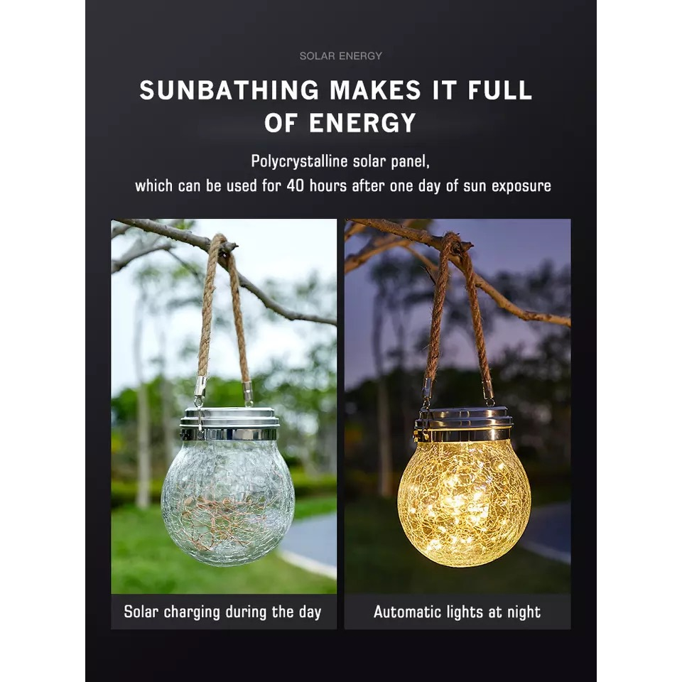 Đèn năng lượng mặt trời quả cầu thủy tinh trang trí sân vườn, ban công, quán cafe, công viên, Đèn led ngoài t