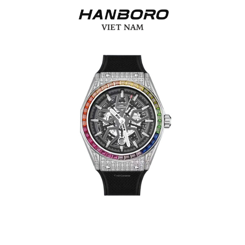 Đồng hồ nam Hanboro automatic rainbow dây Silicon đen silver 42mm chính hãng