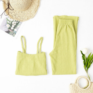 Set đồ nữ sang chảnh áo 2 dây quần ống suông nữ, bộ đồ nữ đũi xốp tôn dáng vải co giãn CHICOSTA màu Bơ D03