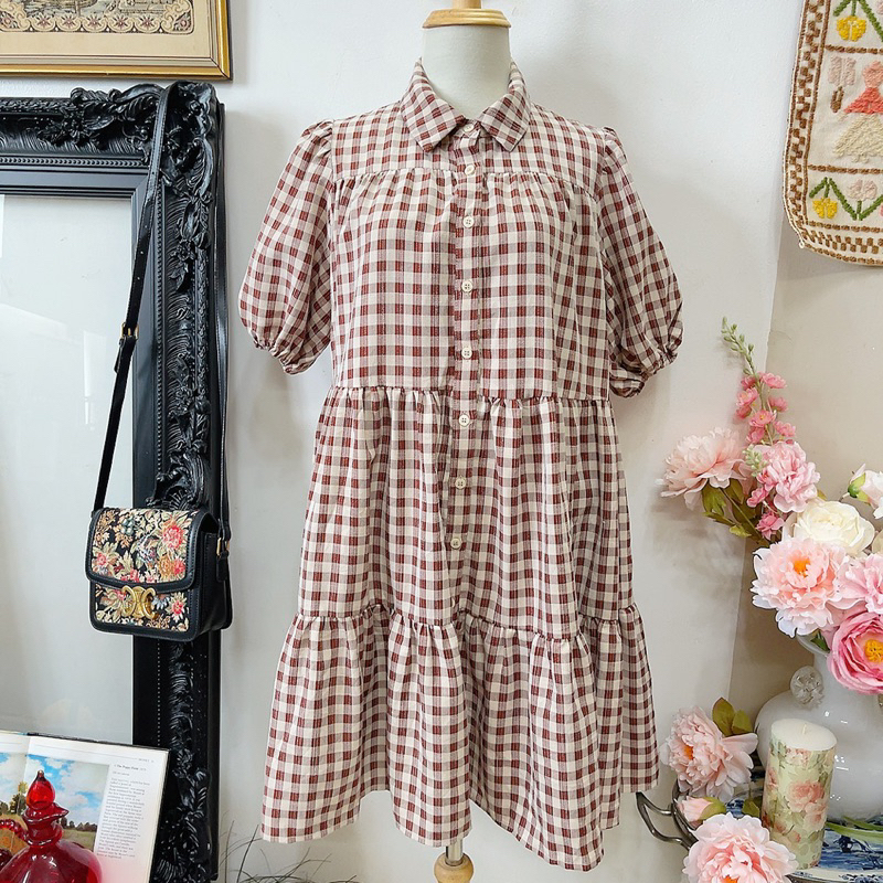 Đầm babydoll caro nâu