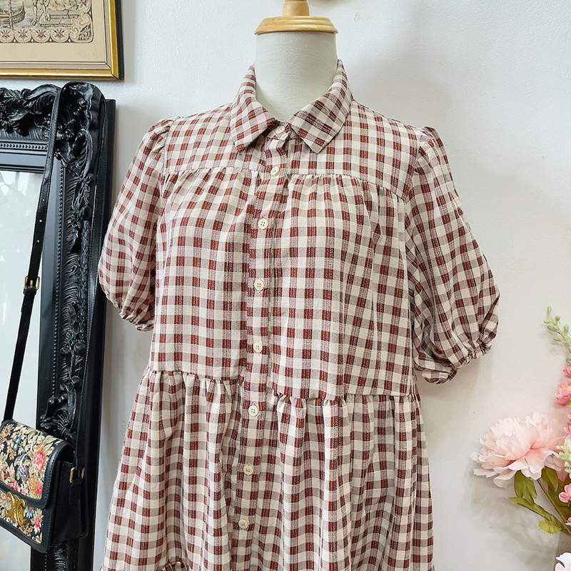 Đầm babydoll caro nâu