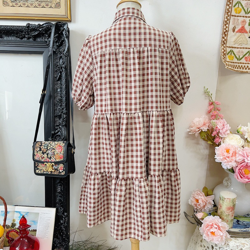 Đầm babydoll caro nâu