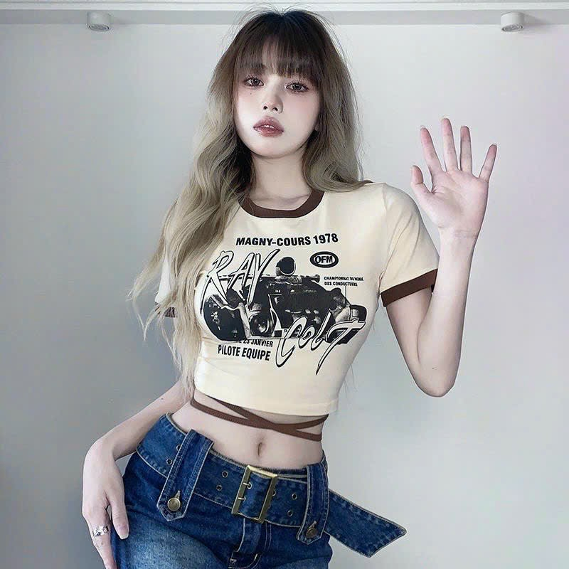 Áo Thun Kiểu Nữ Croptop Cột Dây Eo Phối Màu Nhiều Họa Tiết