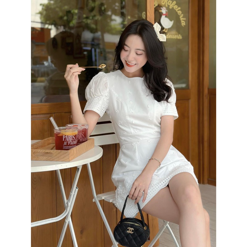 Đầm - cổ tròn - thêu hoa 3D - tay phồng