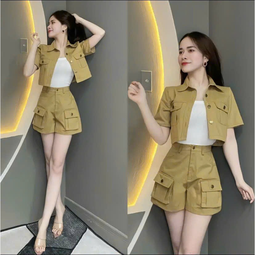 Sét đồ nữ 3 món áo khoắc kaki kèm lót borip mix quần tôn dáng xinh xắn trẻ trung đi chơi
