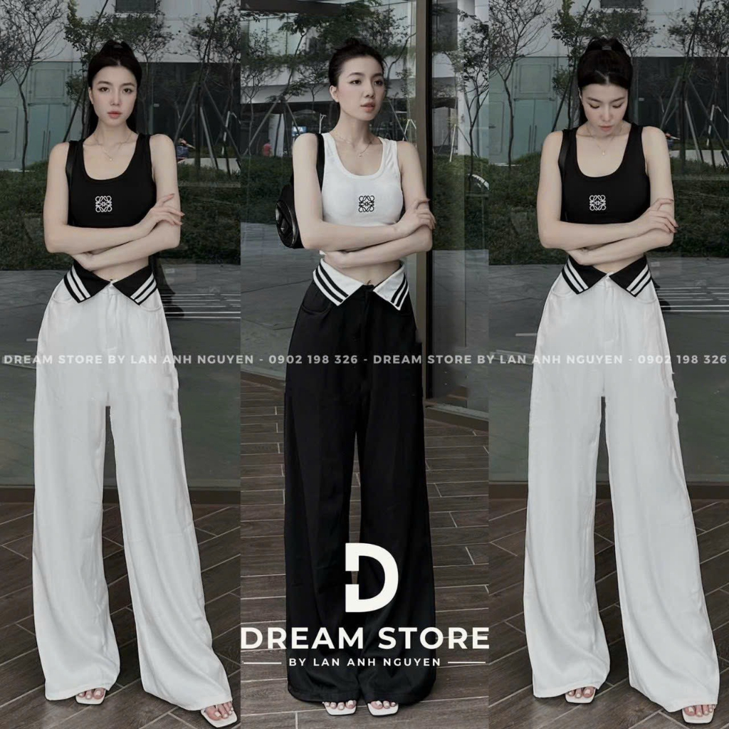 Sét đồ nữ áo thun gân ôm dáng sang chảnh cá tính mix quần dài cotton lạnh ống rộng tôn dáng trẻ trung xinh xắn