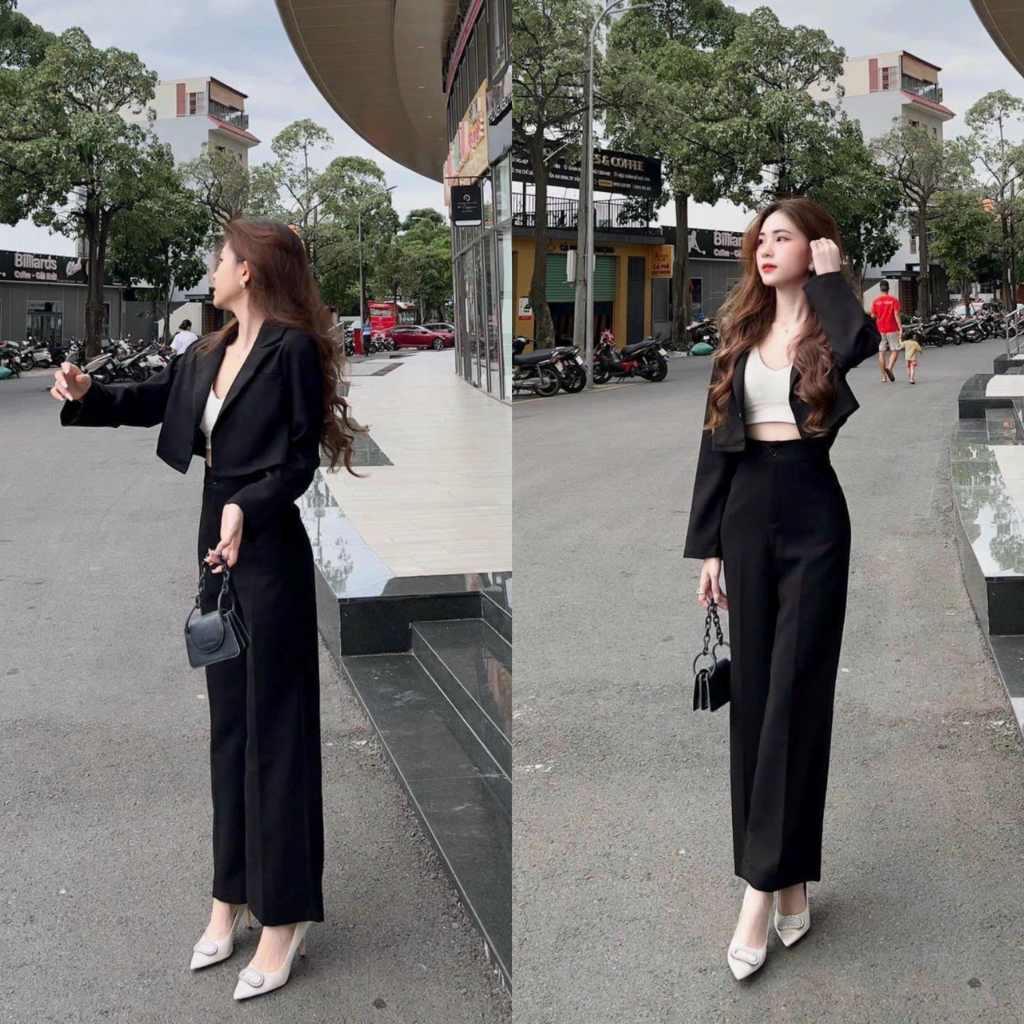 Sét đồ nữ áo tay dàu cổ vest sang chảnh phối lót mix quần dài tuyết mưa thanh lịch quý phái tôn dáng dự tiệc