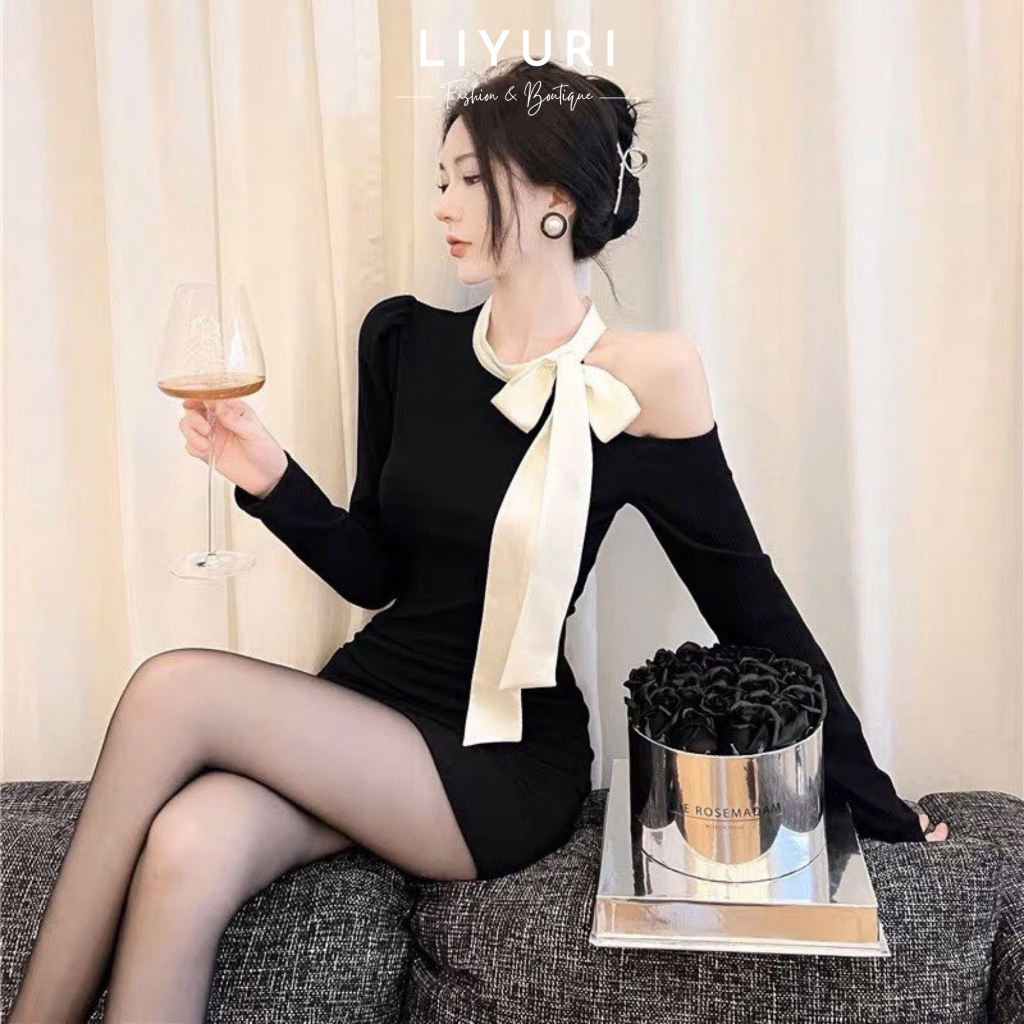 Đầm Ôm Body Trễ Vai, Tay Dài Phối Nơ