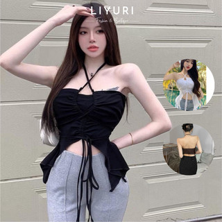 Áo ống dây tà dài phối dây rút eo chất liệu thun gân