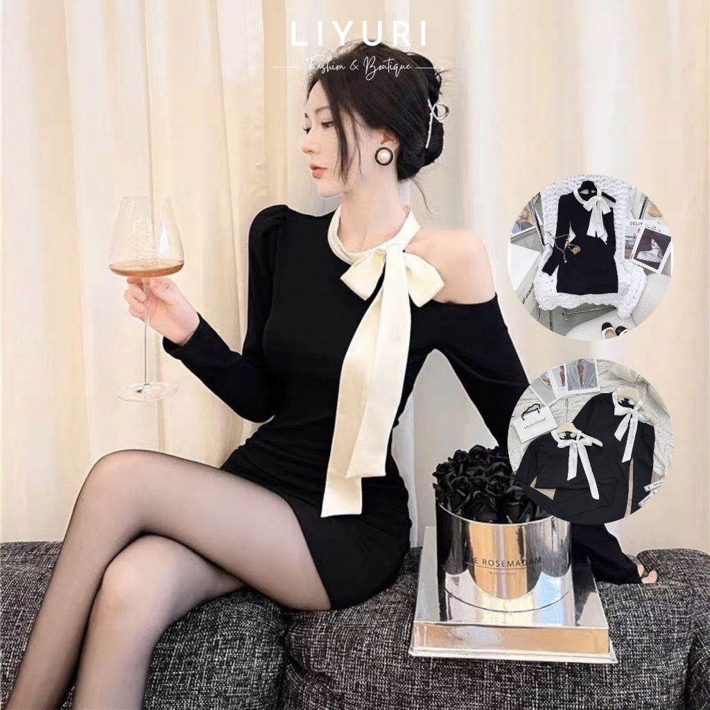 Đầm Ôm Body Trễ Vai, Tay Dài Phối Nơ