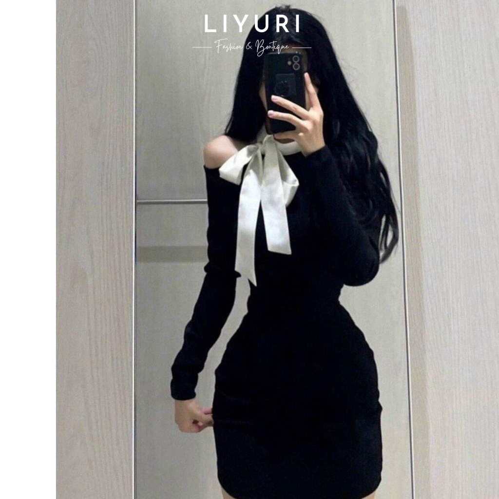 Đầm Ôm Body Trễ Vai, Tay Dài Phối Nơ