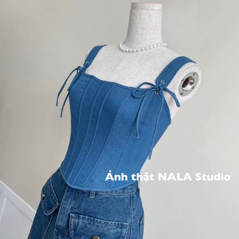 Áo corset jeans hai dây dáng croptop cúp ngực thắt dây