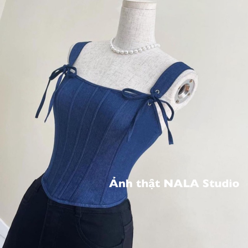 Áo corset jeans hai dây dáng croptop cúp ngực thắt dây
