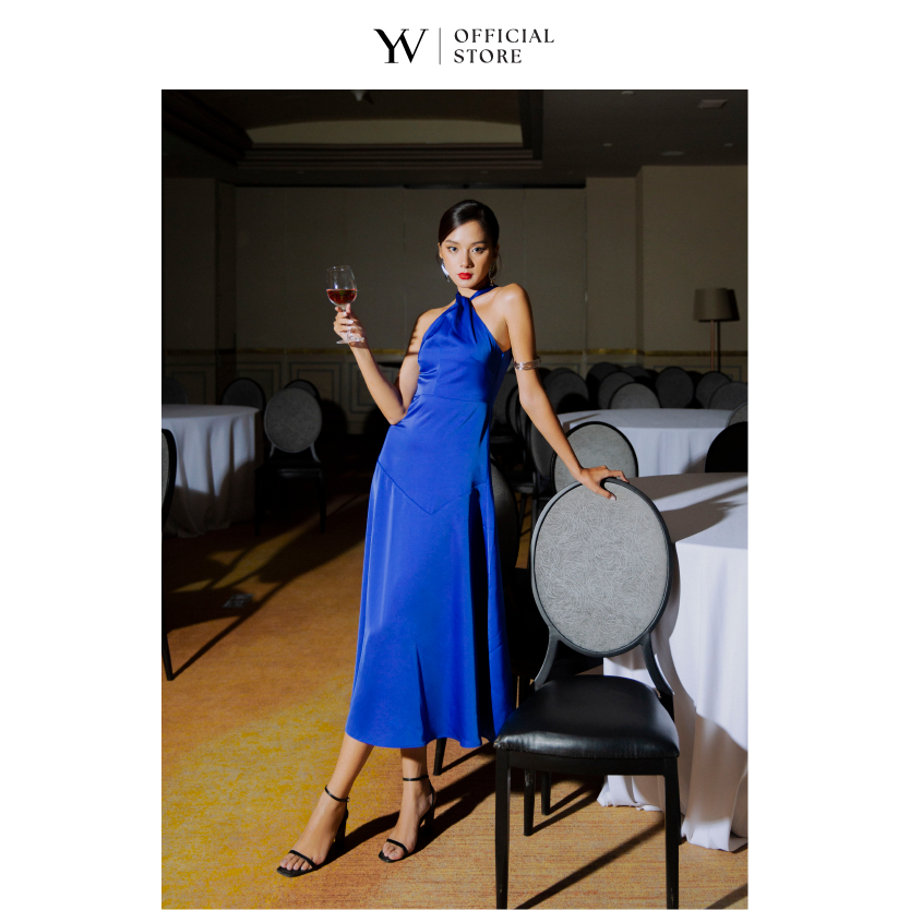 Đầm cổ yếm vạt chéo quyến rũ - xanh cobalt YV LE & CO vải lụa satin cao cấp sang trọng