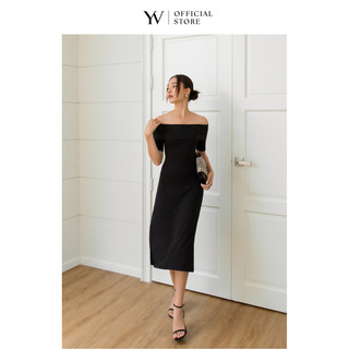 Đầm midi thun trễ vai đen - yv le & co