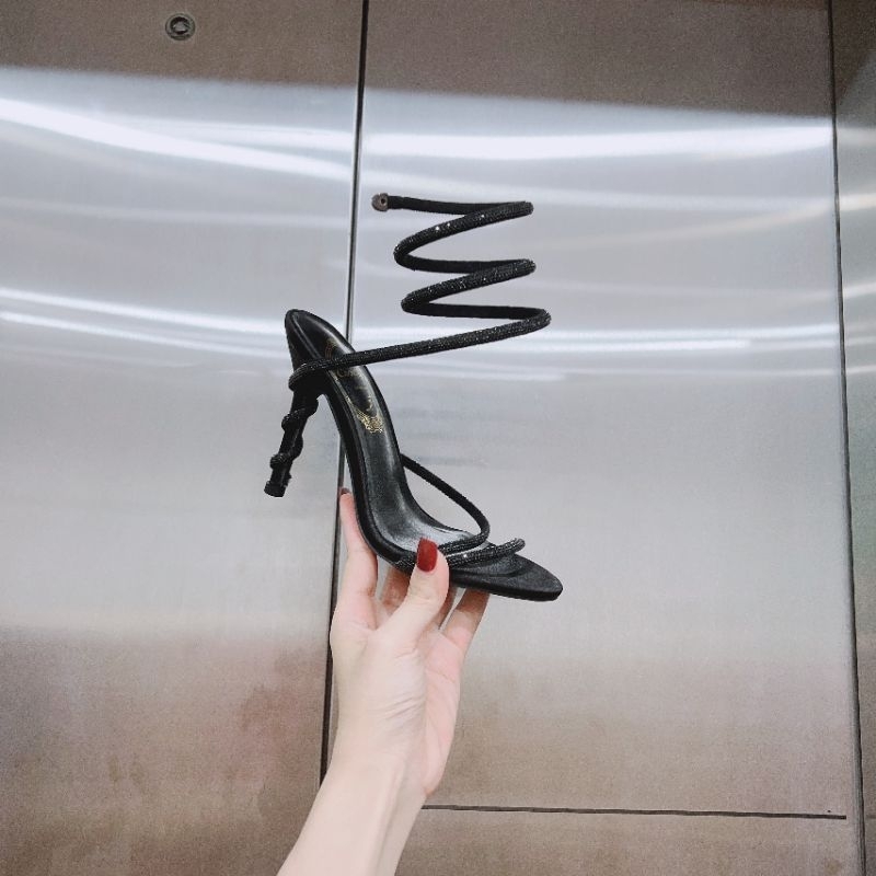 Cao gót đính đá quai lò xo 9cm sẵn 3 màu