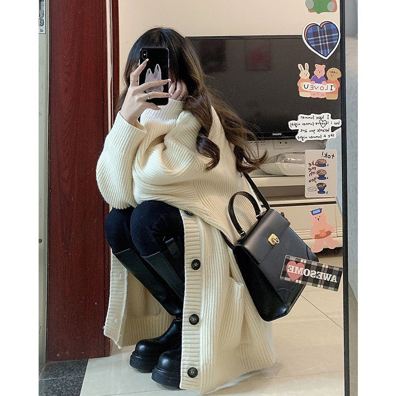 Áo len cardigan trơn dáng rộng, Áo cardigan nữ dài tay kiểu trơn màu basic