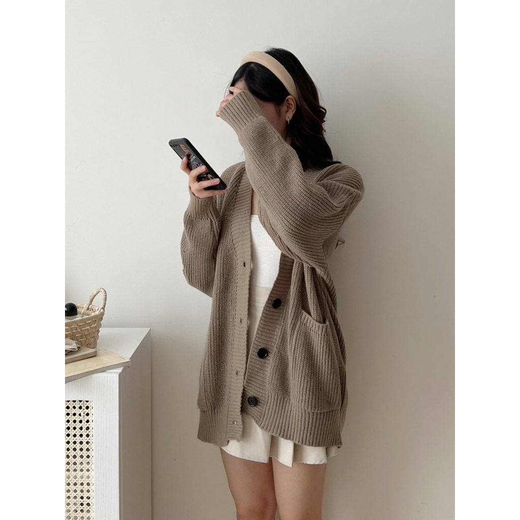 Áo len cardigan trơn dáng rộng, Áo cardigan nữ dài tay kiểu trơn màu basic