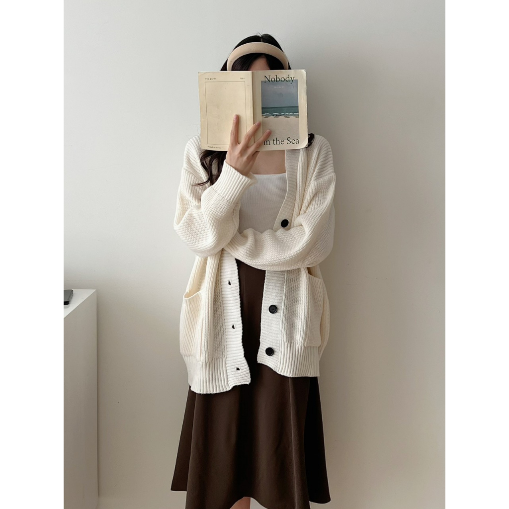 Áo len cardigan trơn dáng rộng, Áo cardigan nữ dài tay kiểu trơn màu basic