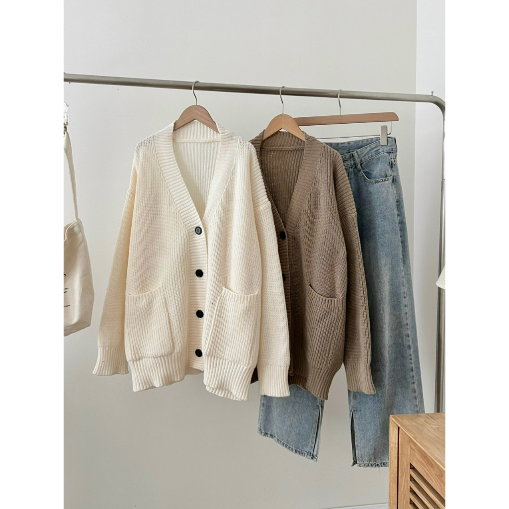 Áo len cardigan trơn dáng rộng, Áo cardigan nữ dài tay kiểu trơn màu basic
