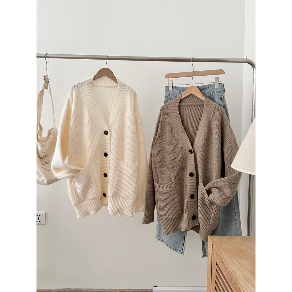 Áo len cardigan trơn dáng rộng, Áo cardigan nữ dài tay kiểu trơn màu basic