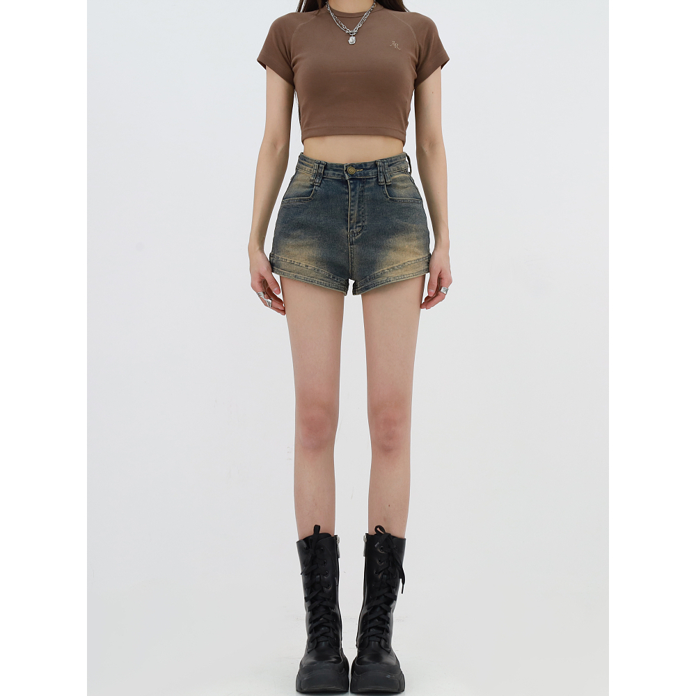 Quần short jean denim nữ Lưng cao Dáng ôm Quần sooc đùi bò nữ Cạp cao Form ôm Phong cách retro Cổ điển