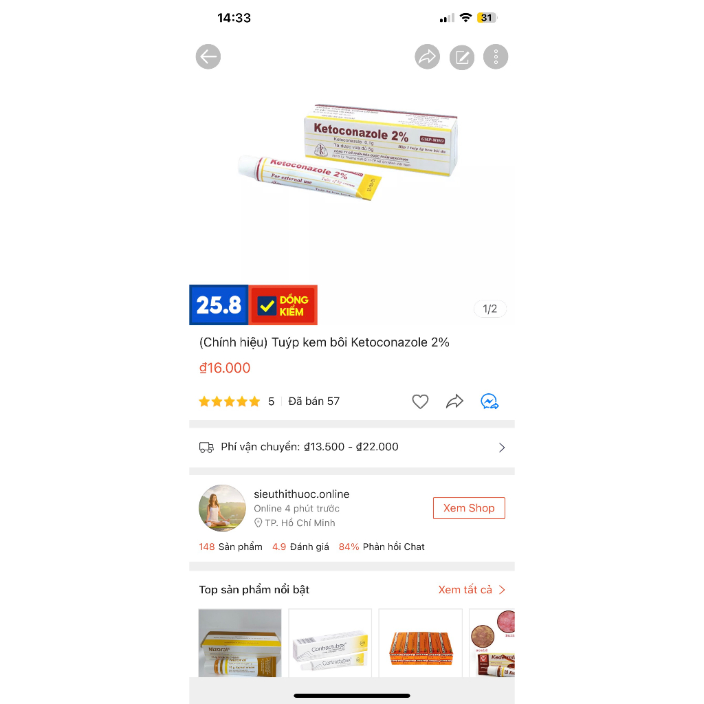 Tuýp kem bôi Ketoconazole 2%