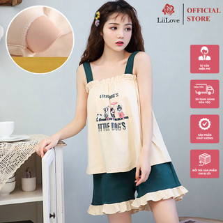 Bộ ngủ 2 dây cổ vuông dễ thương cho các bạn nữ, bộ mặc nhà vải thun mềm mát mùa xuân hè (Có đệm)