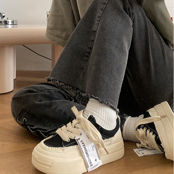 Giày thể thao nữ rách tua rua đế cao 3cm, Giày Sneaker nữ chất vải canvas dáng basic