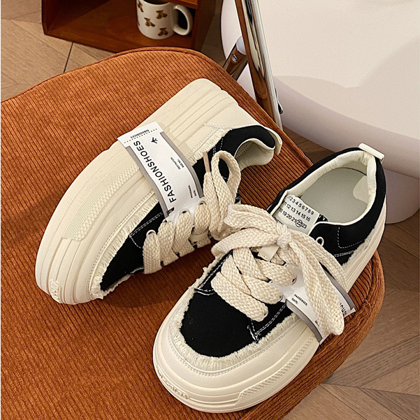 Giày thể thao nữ rách tua rua đế cao 3cm, Giày Sneaker nữ chất vải canvas dáng basic