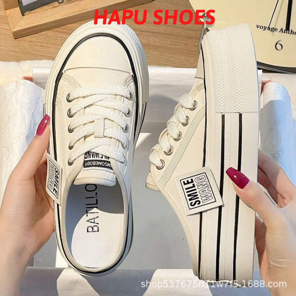Giày sục thể thao nữ tem vuông dáng basic mới  giày canvas vải kaki mềm mịn đế cao 5cm