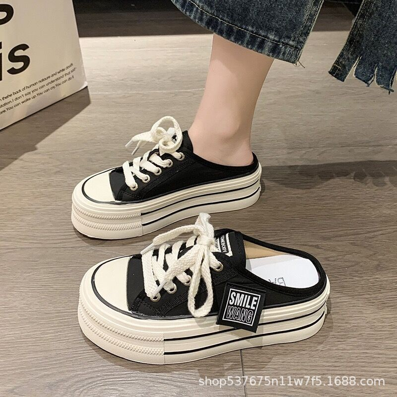 Giày sục thể thao nữ tem vuông dáng basic mới  giày canvas vải kaki mềm mịn đế cao 5cm