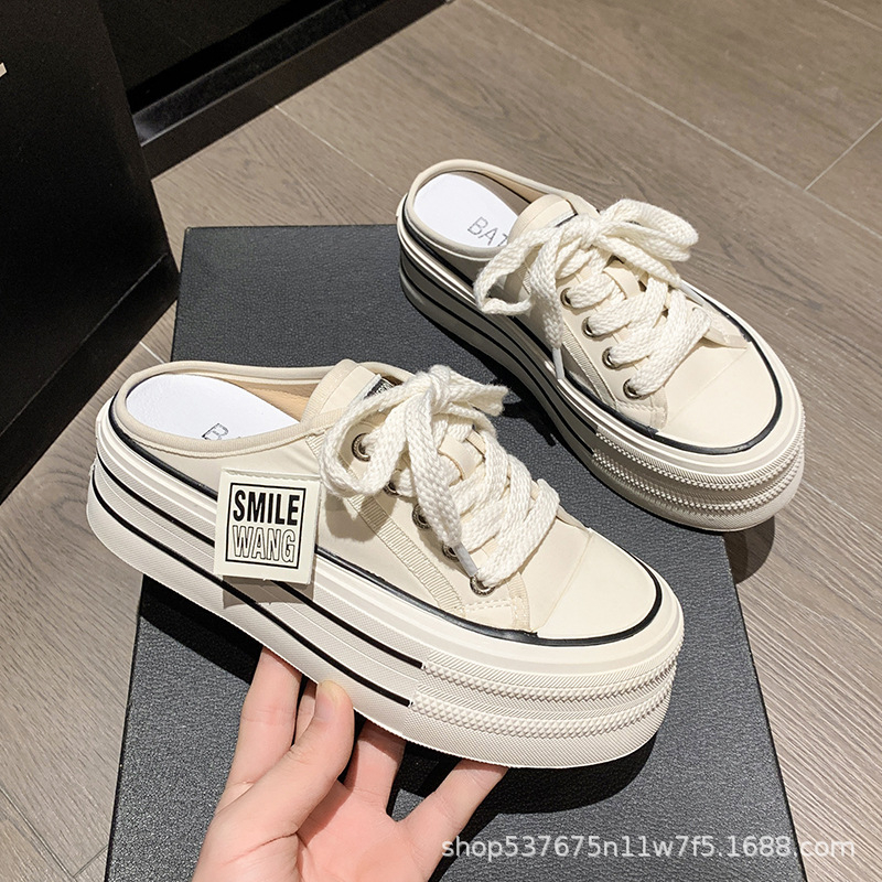 Giày sục thể thao nữ tem vuông dáng basic mới  giày canvas vải kaki mềm mịn đế cao 5cm